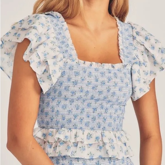 NWT LOVESHACKFANCY Wrennly Top in Powder Blue and White - Picture 1 of 7